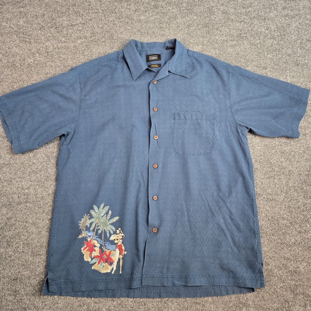 Haggar Shirt Mens Medium Silk Button-Down Blue Hula Girl Tropical Vintage Aloha